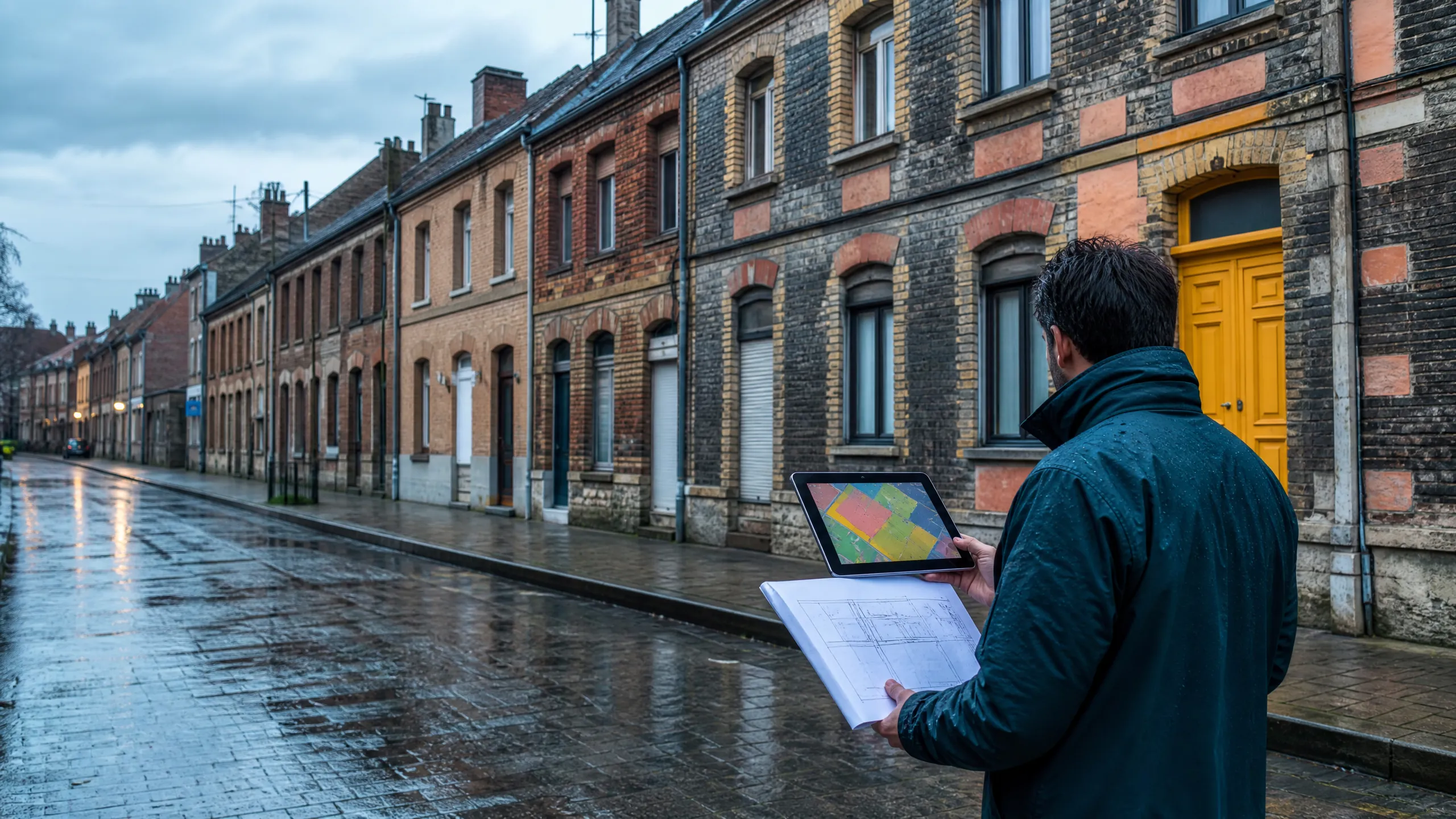 Inspecteur consultant un plan dans une rue de maisons en brique
